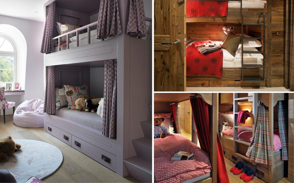 A selection of children's bedrooms designed by interior designer Nicky Dobree. The beds have been designed in a cabin bed style with drawers underneath for storage and ladders to climb up to the top bunk.
