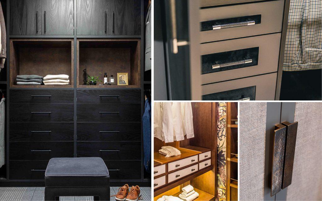 A selection of luxury dressing rooms fitted with high end hand made hardware from Turnstyle Designs.