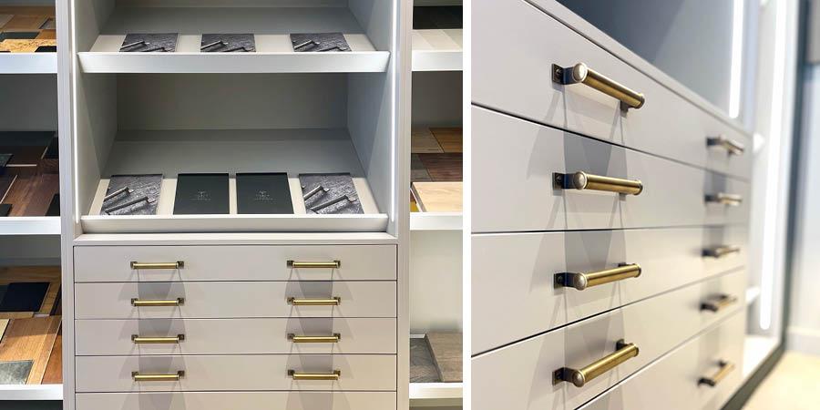 Bespoke shelving units with Turnstyles Bracket cabinet handles used on the drawers.
