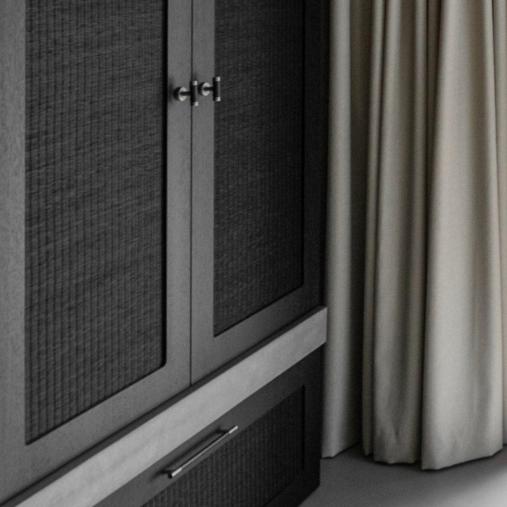 Cabinetry hardware chosen to match the deep grey, masculine style wardrobes in this bedroom. Turnstyle Designs cabinet t bars in finishes like Alupewt and Vintage Nickel have been used.