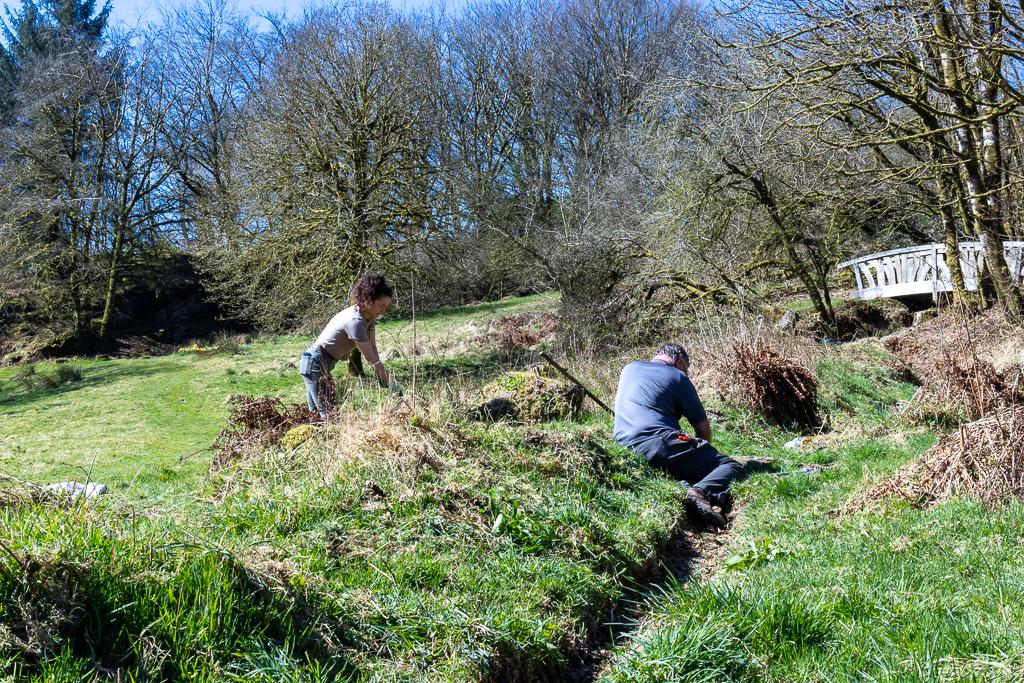 Volunteers help to clear a gully of debris and weeds. The gully directs the water to a small stream that runs around the garden and Ashcombe estate.
