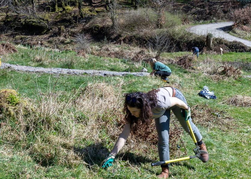A group of eager Turnstyle Designs volunteers join the local group at Ashcombe Gardens in Simonsbath, Exmoor, helping to maintain the beautiful Wild Garden project they run there as part of the Exmoor National Park.