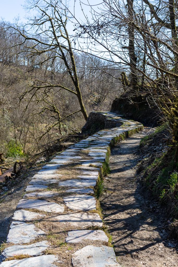 A large leat and Devon stone wall runs along the verge in Ashcombe gardens, Exmoor National Park.